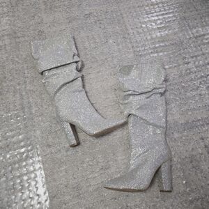 Fashion Nova Sparkling Silver Heeled Boots